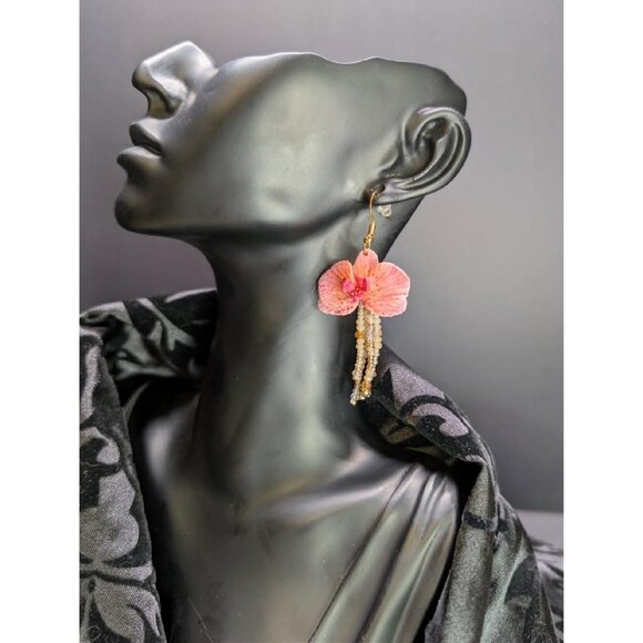 Handcrafted 18k Gold Plated Asian Inspire Ornamental Beaded Pink Orchid Earrings - Picture 3 of 7